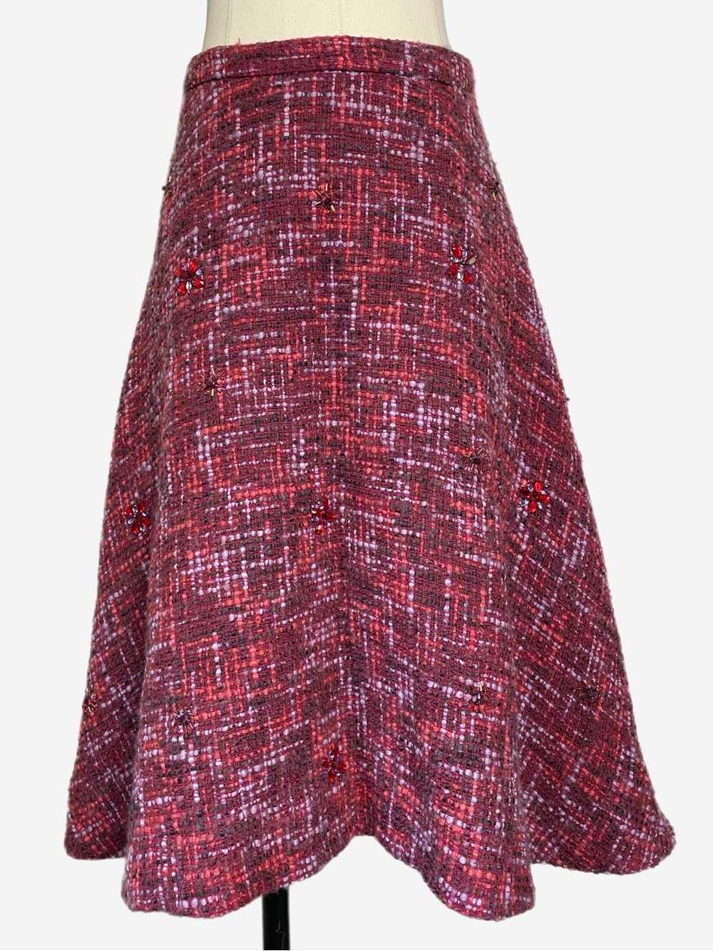 Anthropologie Elevenses Purple pink tweed jeweled beaded a-line midi skirt Y2K 2
